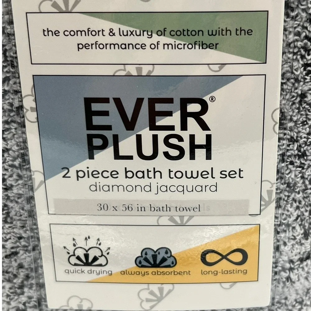 Everplush Bath Towel Set 2pc 30x56 Grey New Diamond Jacquard Cotton